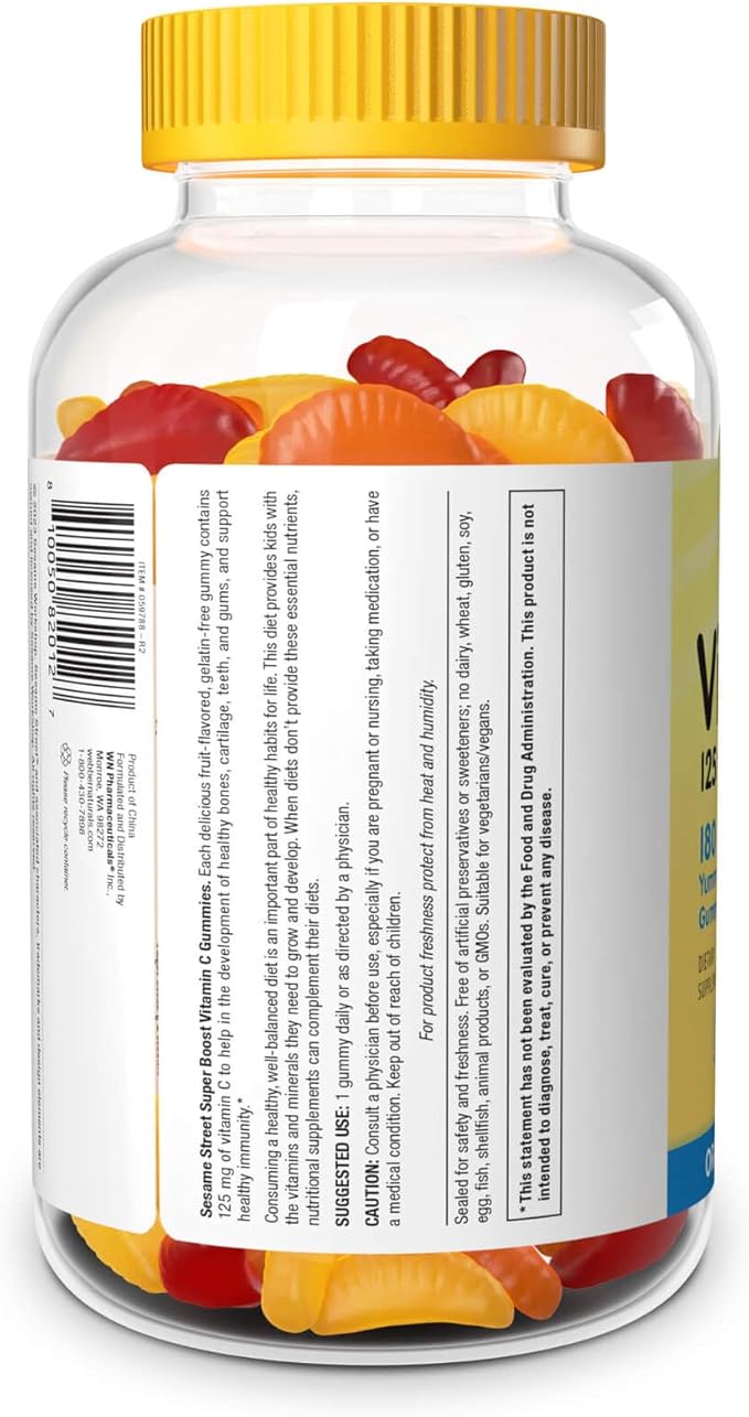 Webber Naturals Sesame Street Vitamin C Gummies for Kids 2+, 125 mg of Vitamin C per Gummy, 6 Month Supply, Free of Gluten, Dairy, Peanut & Gelatin, Immune Support, 180 Gummies