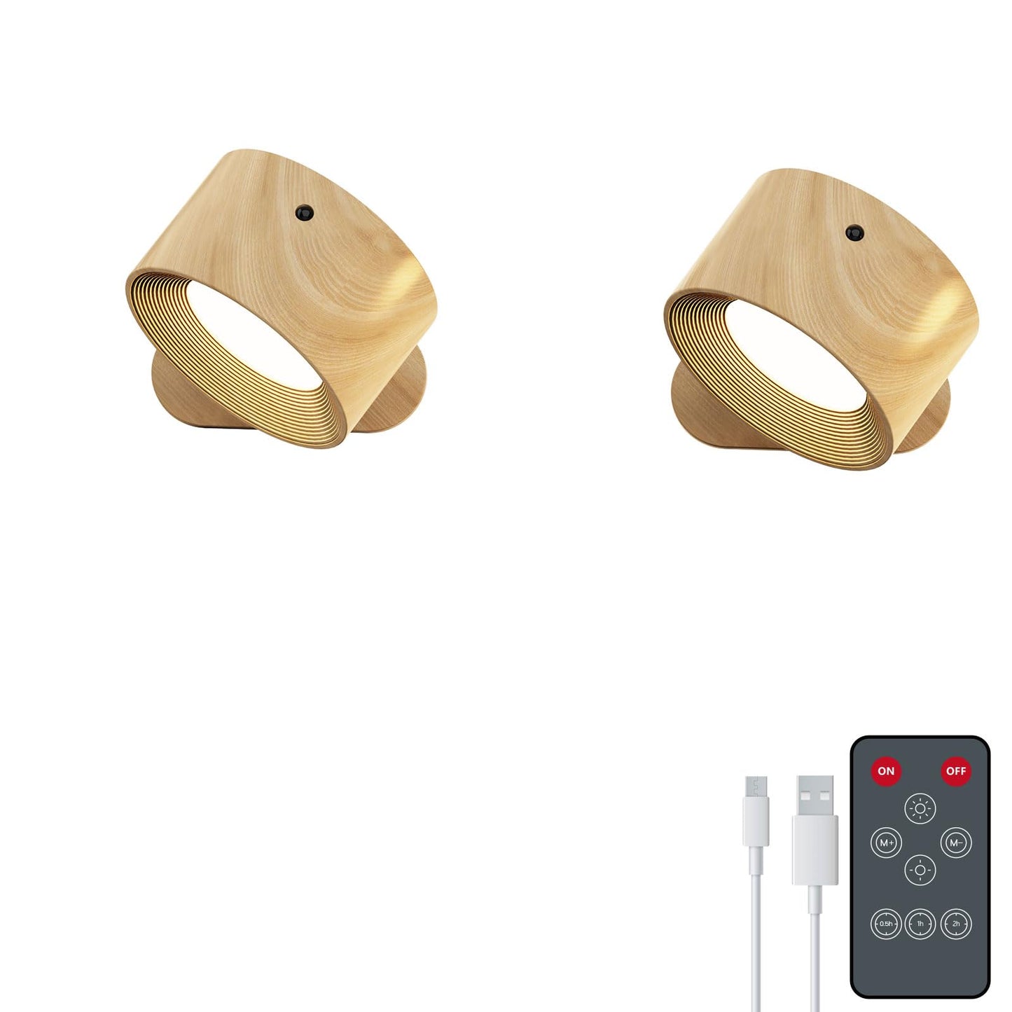 Deyagoo Remote LED Wall Sconce, Rechargeable, 3 Colors, 3 Brightness Levels, 360? Rotating, Wood-B, Pack of 2