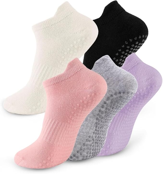 kepiibi 5 Pairs Pilates Socks with Grips for Women Non Slip Grip Yoga Crew Socks for Barre Hospital Barefoot Workout