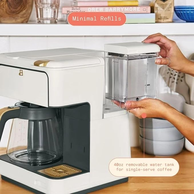 Beautiful Multi-Brew Coffee Maker – 12-Cup Carafe & Single-Serve Pod or Grounds, Iced Coffee Mode, Programmable Touch Display, Includes Filters (White Icing)