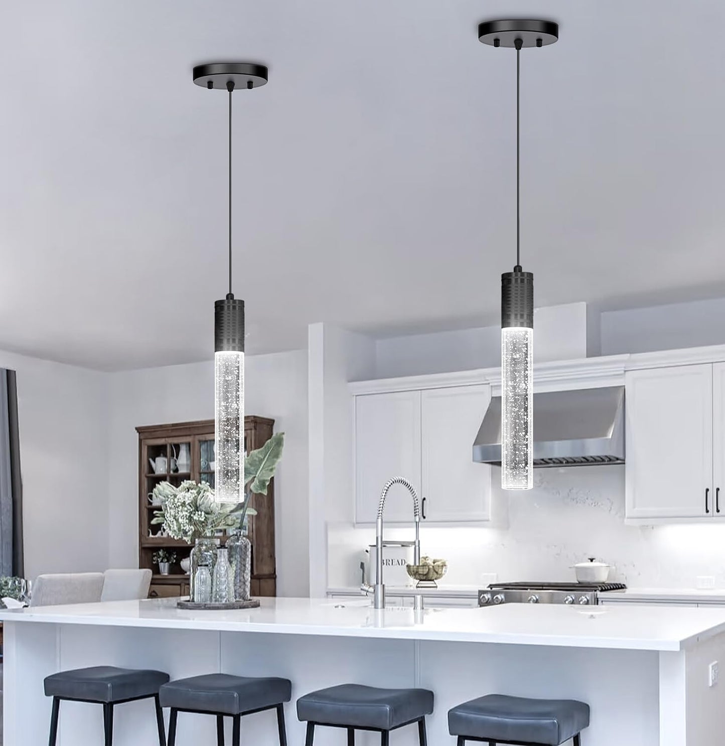 Haixiang Set Of 2 Pendant Lights For Kitchen Island  White Light  Black Crystal Linear Pendant Lighting  Bar Corner Led Light Fixture