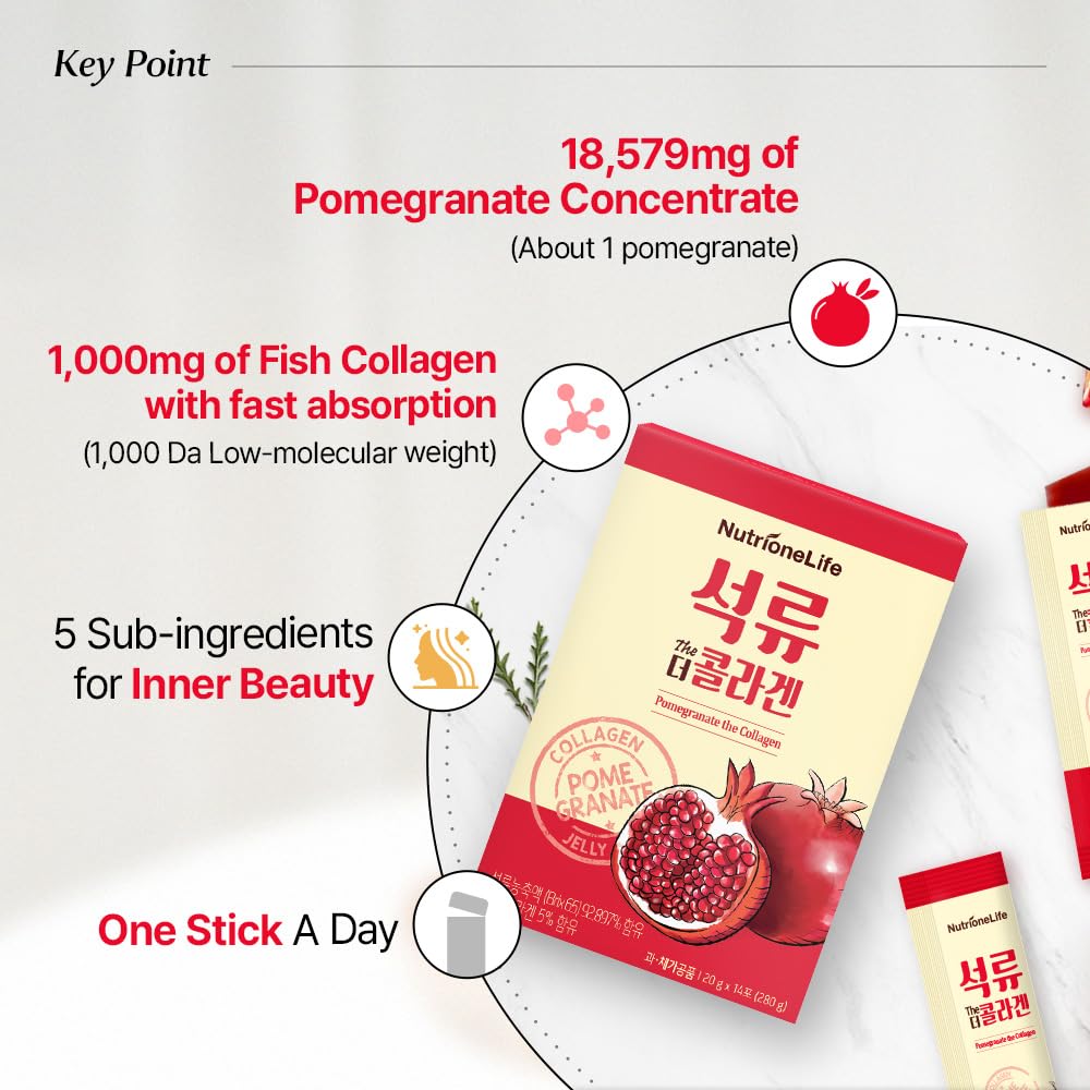 NUTRIONELIFE Pomegranate The Collagen Jelly, Korean Woman Antioxidant 1000mg Low Molecular Fish Collagen Jelly, 18579mg Pure Pomegranate Extract, Contain Hyaluronic Acid, Elastin