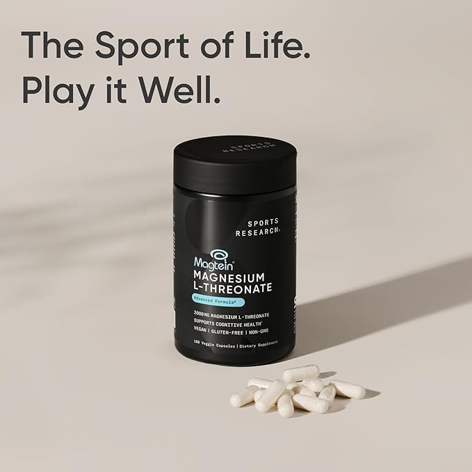 Sports Research Magtein Magnesium L-Threonate Capsules - Magnesium Supplement for Memory, Focus & Cognition - Magnesium L Threonate Supports Brain Health, Sleep & Mood- 2000mg, 180 Capsules for Adults