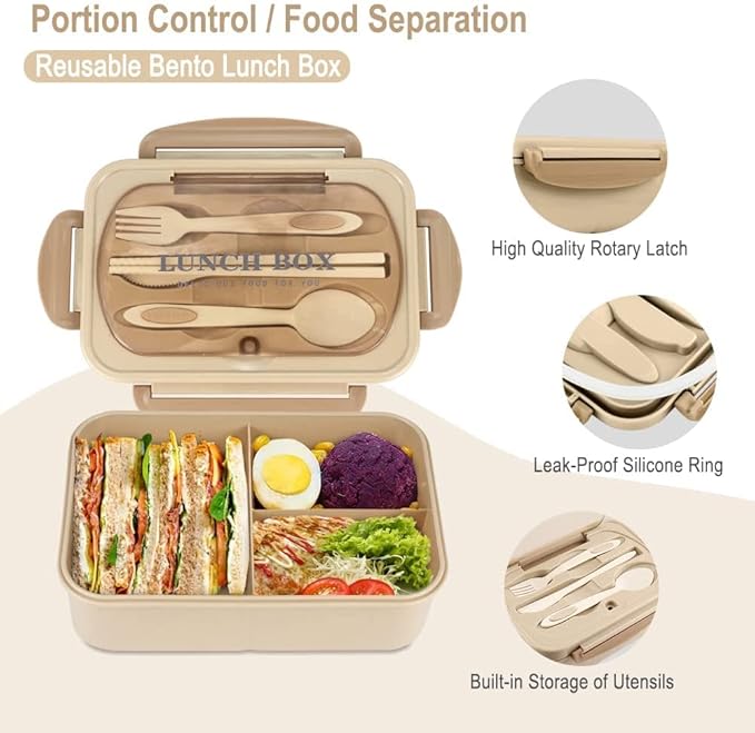 Bento Box for Adult, 1200 ML Lunch Containers for Adults, LeakProof Lunch Box with Utensils, BPA Free, 3 Compartment Bento Box Microwave Safe
