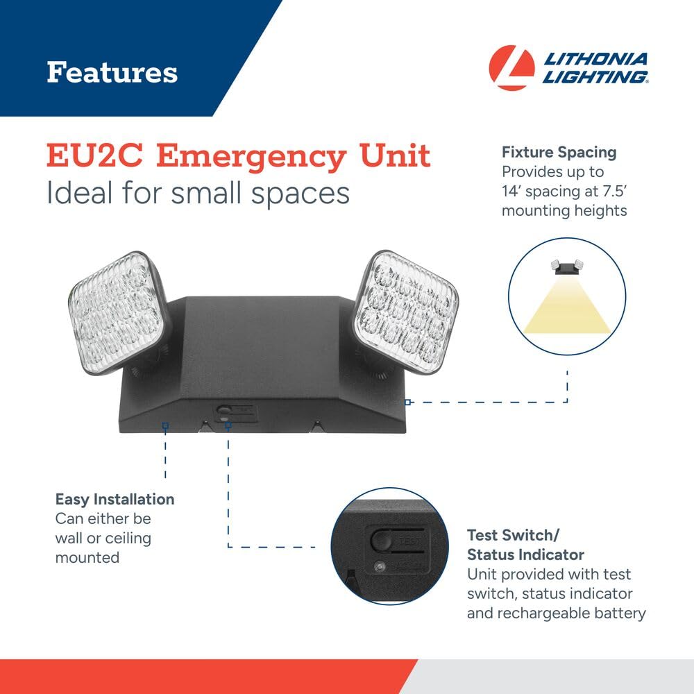 Lithonia Lighting Basics Led Emergency Light  Emergency Lighting With Dual Adjustable Led Lamp Heads  Wall Mount  Damp Location Rated  90-Minute Backup  Mvolt  Black (Eu2C B Mvolt M6)