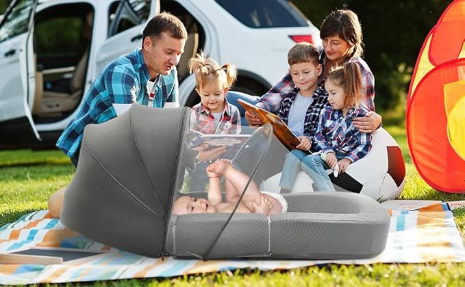 Todldler Baby Travel Bassinet Bed & Chair, Fold Out Sofa Couch Lounger with 2-1 Mosquito & Canopy, Foldable Portable Travel Cot with Foam Raised Safety Bumpers for Infant Toddlers 0-36 Months (Grey)