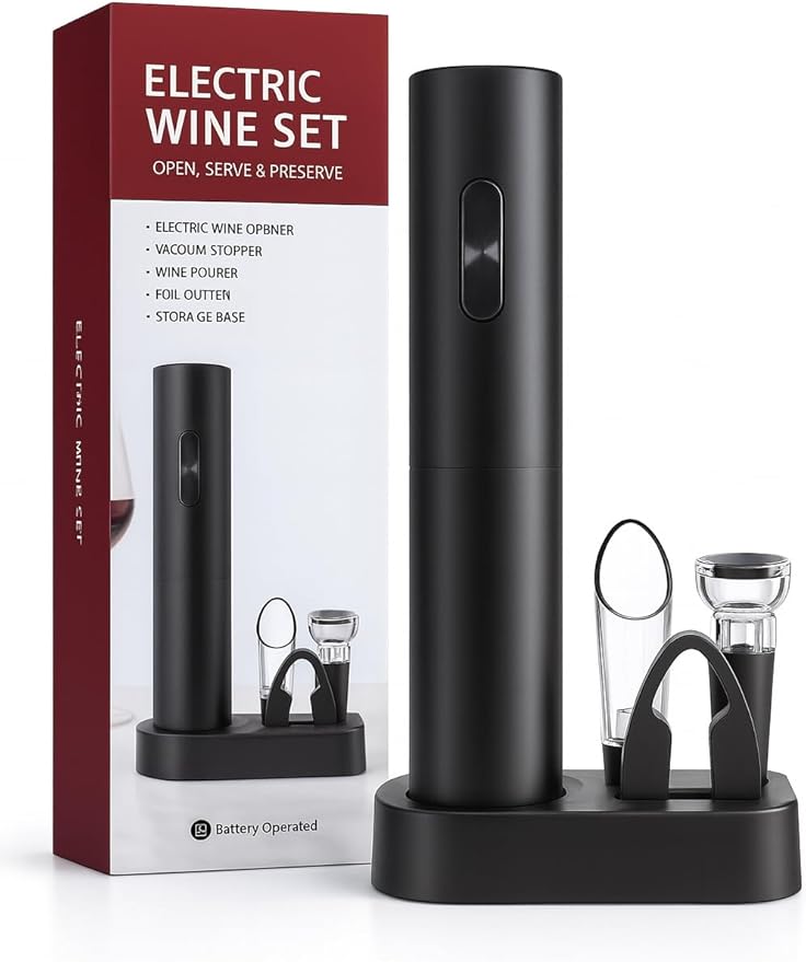 5 in 1 AA Battery Operated Electric Wine Opener Set – Automatic Wine Bottle Opener with Storage Base, Vacuum Stopper, Foil Cutter & Aerator Pourer and Easy Cork Removal