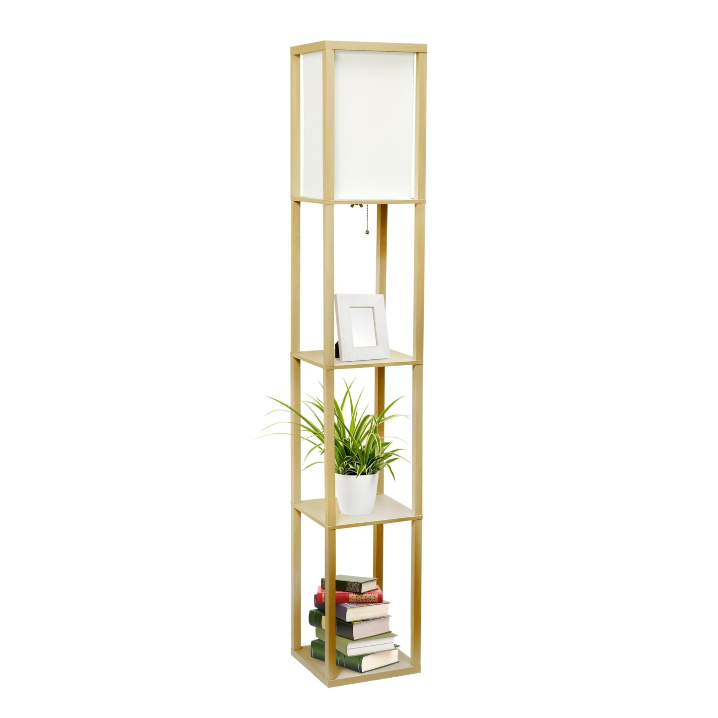 LALIA HOME Column Shelf Floor Lamp, Wood with Linen Shade, Tan, Model LHF-3004-TN
