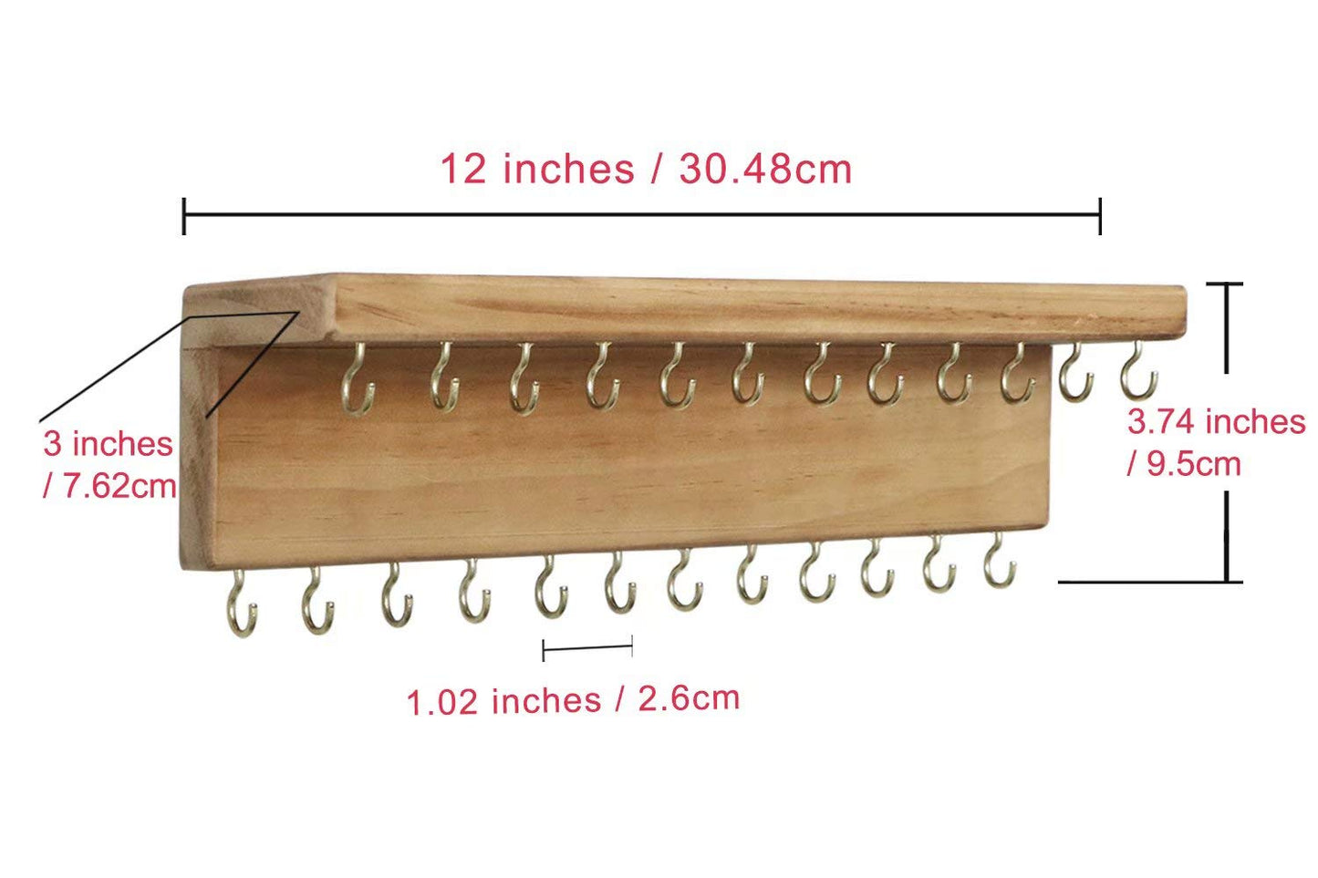 SANY DAYO HOME Jewelry Organizer with 24 Hooks and Cosmetics Shelf, 12 x 3 x 4 inches Wall Mounted Rustic Pine Wood Holder for N