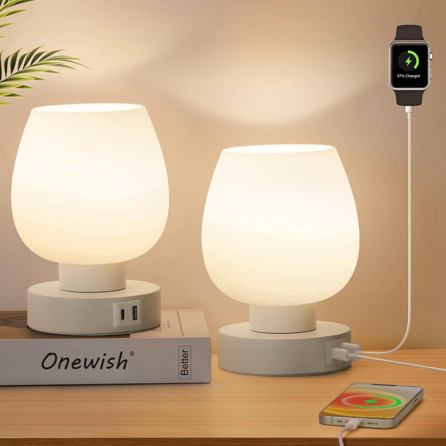 ONEWISH Touch Bedside Table Lamp Set of 2, USB Charging Ports, 3-Way Dimmable, Glass Shade, Model 13TAB004USC, White Opal