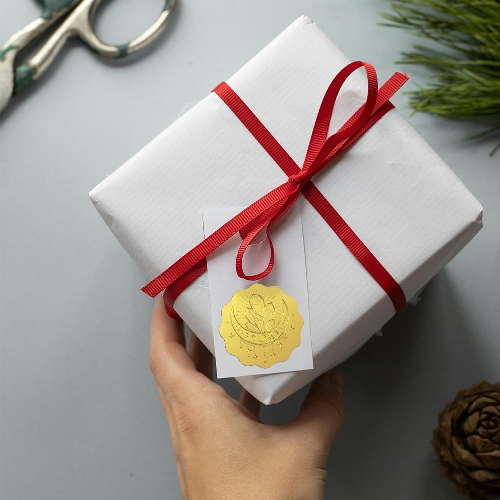 Peacoblue Gold Foil Sticker Seal Embossed 2 Inch 100Pcs Moon and Crystal, Self Adhesive Gold Around Embossing Sticker for Invitation Certificate Envelope Seal Gift Card Decoration