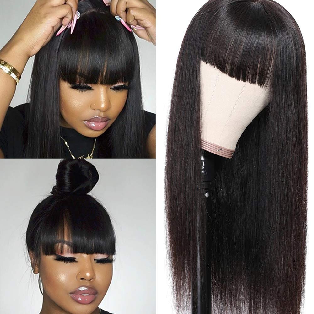 Amella Hair Straight Human Hair Wigs with Bangs for Black Women 150% Density Brazilian Straight None Lace Front Wgis with Bangs