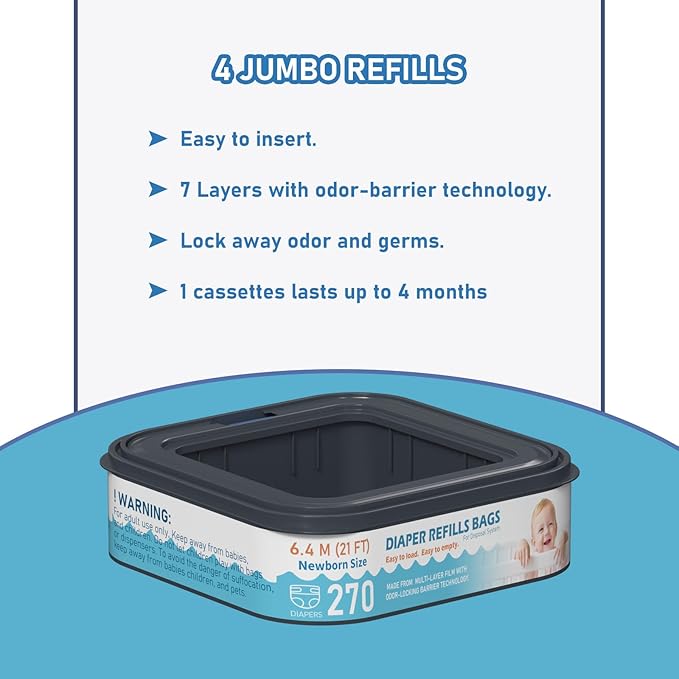 Standard Square Refills Disposal Bags Refill Compatible with Diaper Genie Classic, Compact and Select Pails, Hold Up to 270 Newborn-Sized Diapers Per Refill, Pack of 6