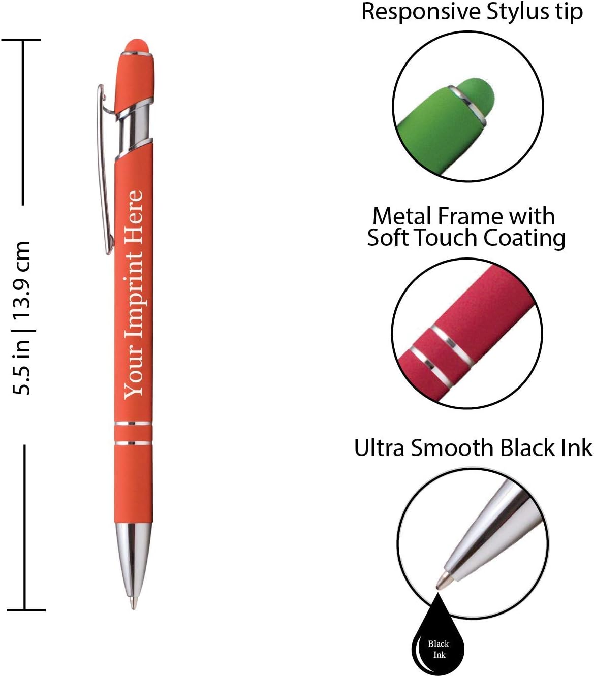 ExpressDesigns™ - Premium Custom Pens with Stylus | Burst of Color | Personalized Soft Touch Metal Printed Name Pens w/Black Ink - Imprinted w/Logo or Message - 12 pcs/pack (Orange)