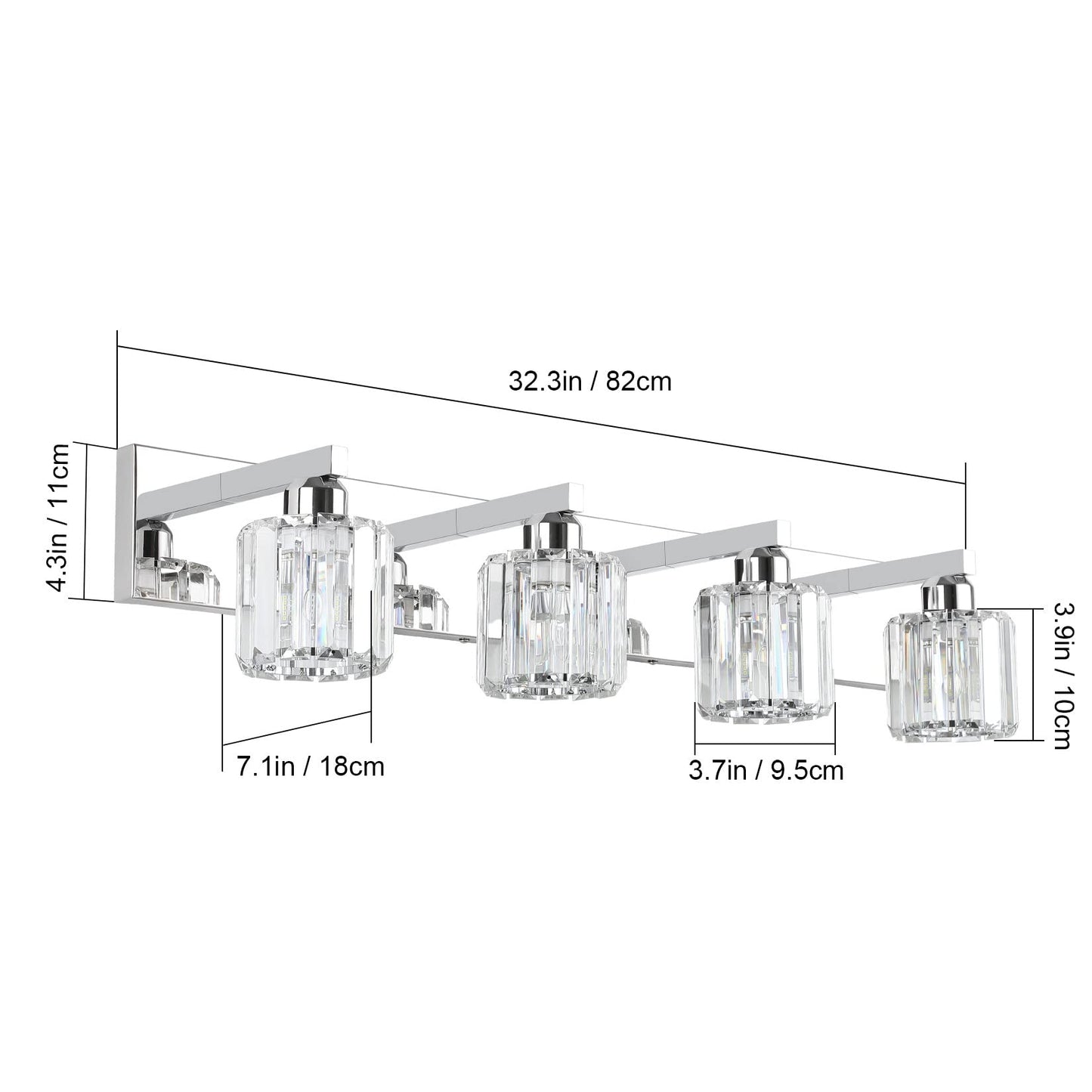 Aipsun Crystal Bathroom Vanity Light, 32 Chrome, Stainless Steel & K9 Crystal, Model 8460, 4 Lights (Bulbs Not Included)