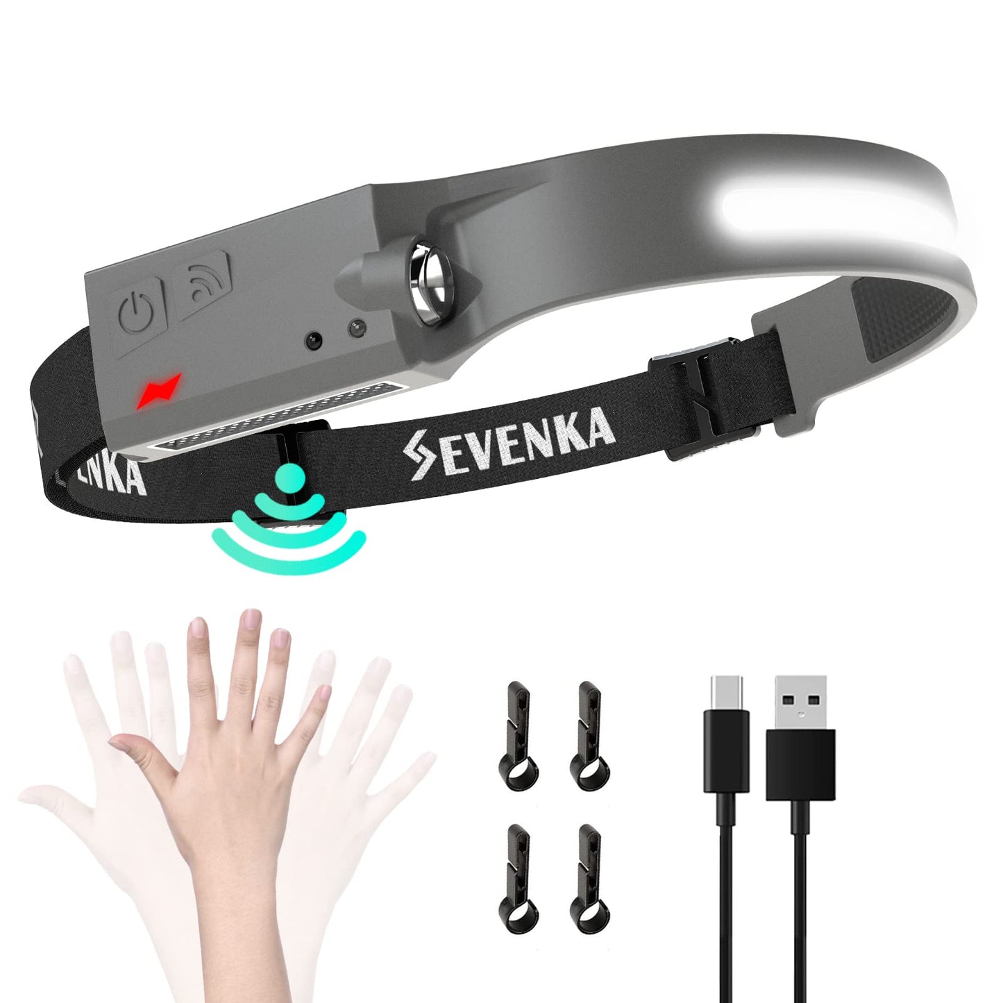 SEVENKA Rechargeable Headlamp Flashlight, 230° Wide Beam, Sensor Mode, Lightweight 2.4oz, Gray, Model LX200