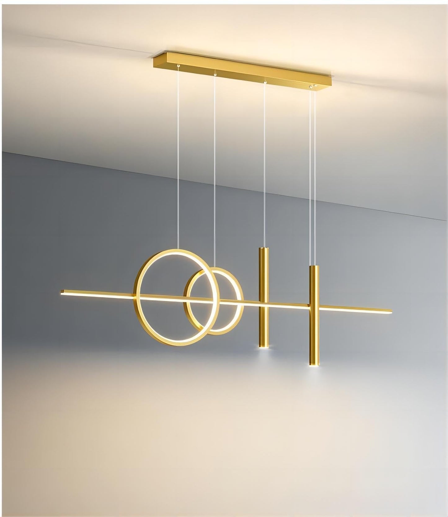 Generic LED Island Light, 5 Lights, Remote Control, Dimmable, 39.4 Inch, Iron/Acrylic/Silicone, All Gold, Model DD050702