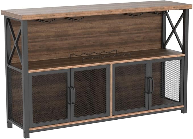 LVB Wine Bar Cabinet, Industrial Sideboard Buffet/Coffee Bar Cabinet for Liquor and Glasses, Farmhouse Metal Wood Rack Cabinet for Home Living Dining Room Kitchen, Rustic Oak, 47 Inch