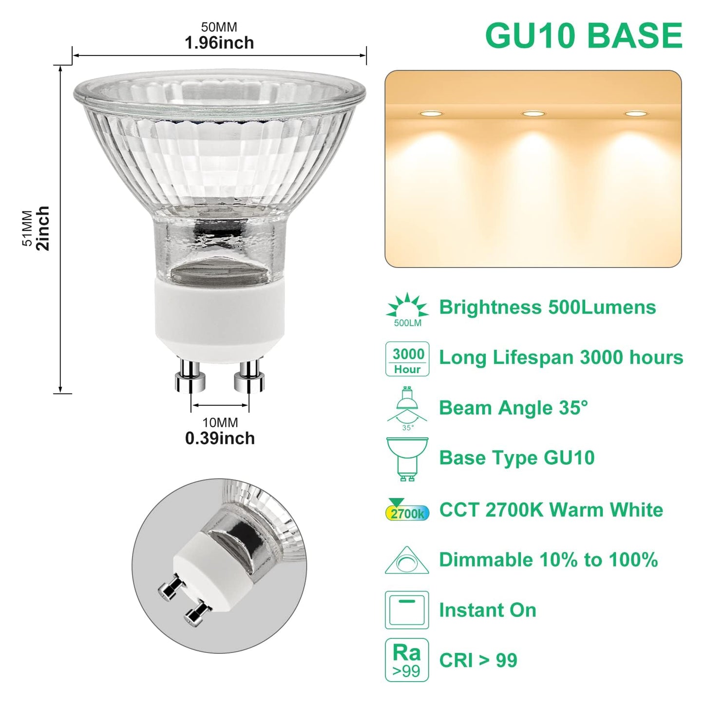 Godonlif Gu10 Halogen Bulbs, 50W, Dimmable, 2700K Warm White, Glass, Pack Of 2