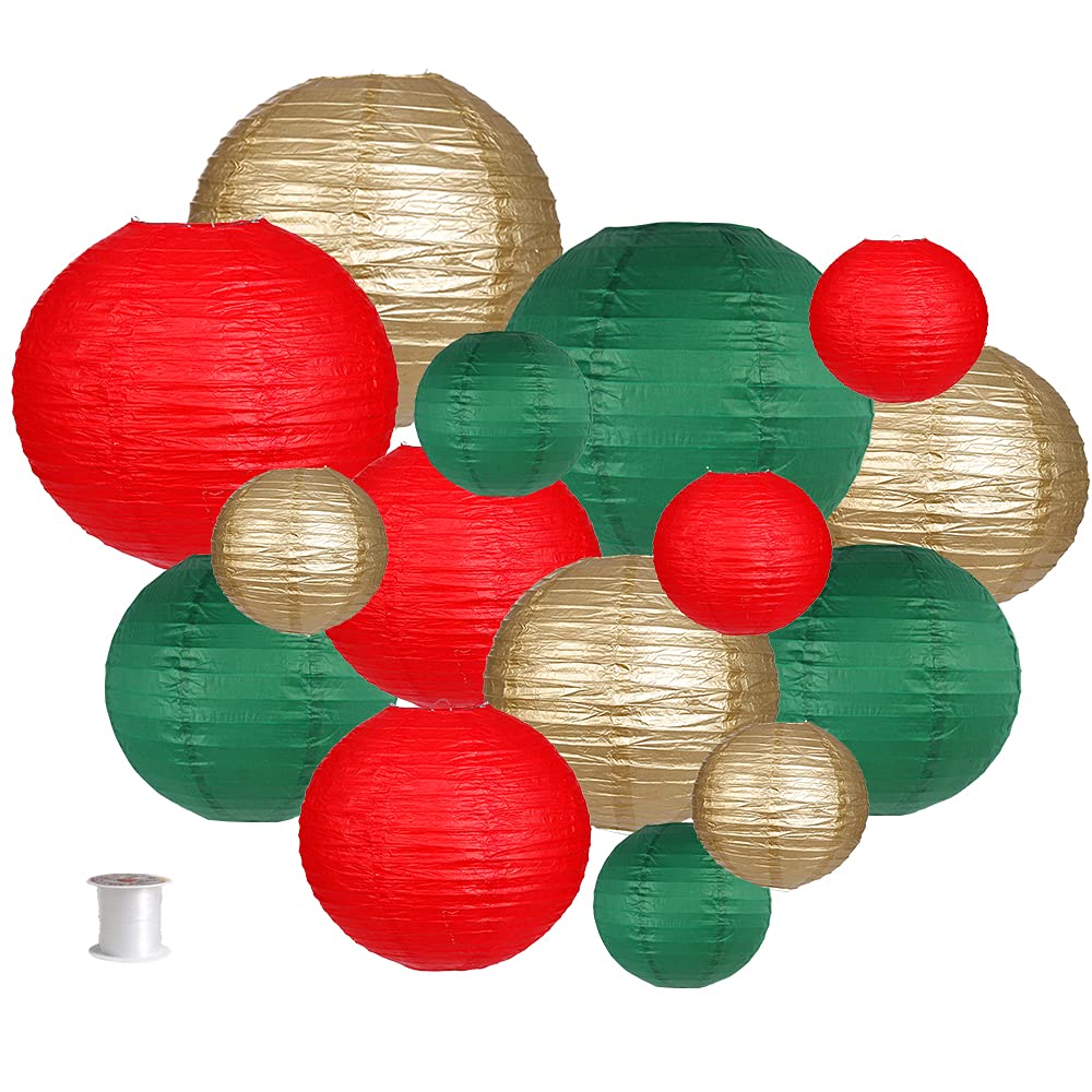 zilue Paper Lanterns 15pcs Decorative Party Supplies, Green/Red, Model PL1003, for Christmas Graduation Birthday Anniversaries