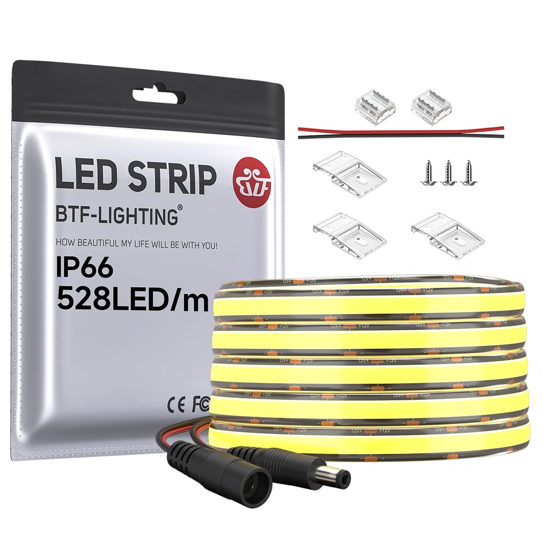 Btf-Lighting Fcob Ip66 Cob Led Strip 528Led/M Dc12V Natural White 4000K Flexible High Density Uniform Light 14W/M 16.4Ft Cri 90+ 10Mm Width Light For Indoor Decor(No Adapter Or Controller)