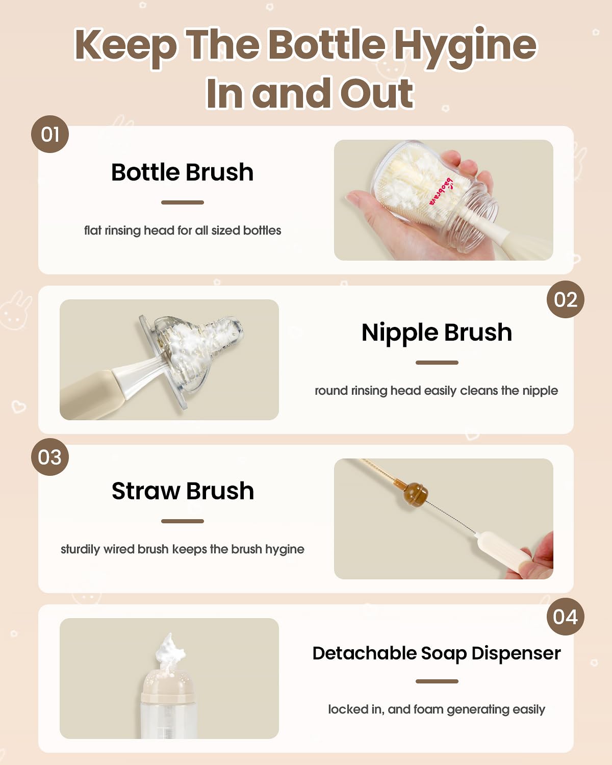Baby Bottle Brush Set [Push-Press + Bendable Bottle Brush: 360°Comprehensive Cleaning] Baby Bottle Cleaner Brush Set for Baby Bottle/Nipple/Straw/Breast Pump Drying Rack and Travel Bag Included