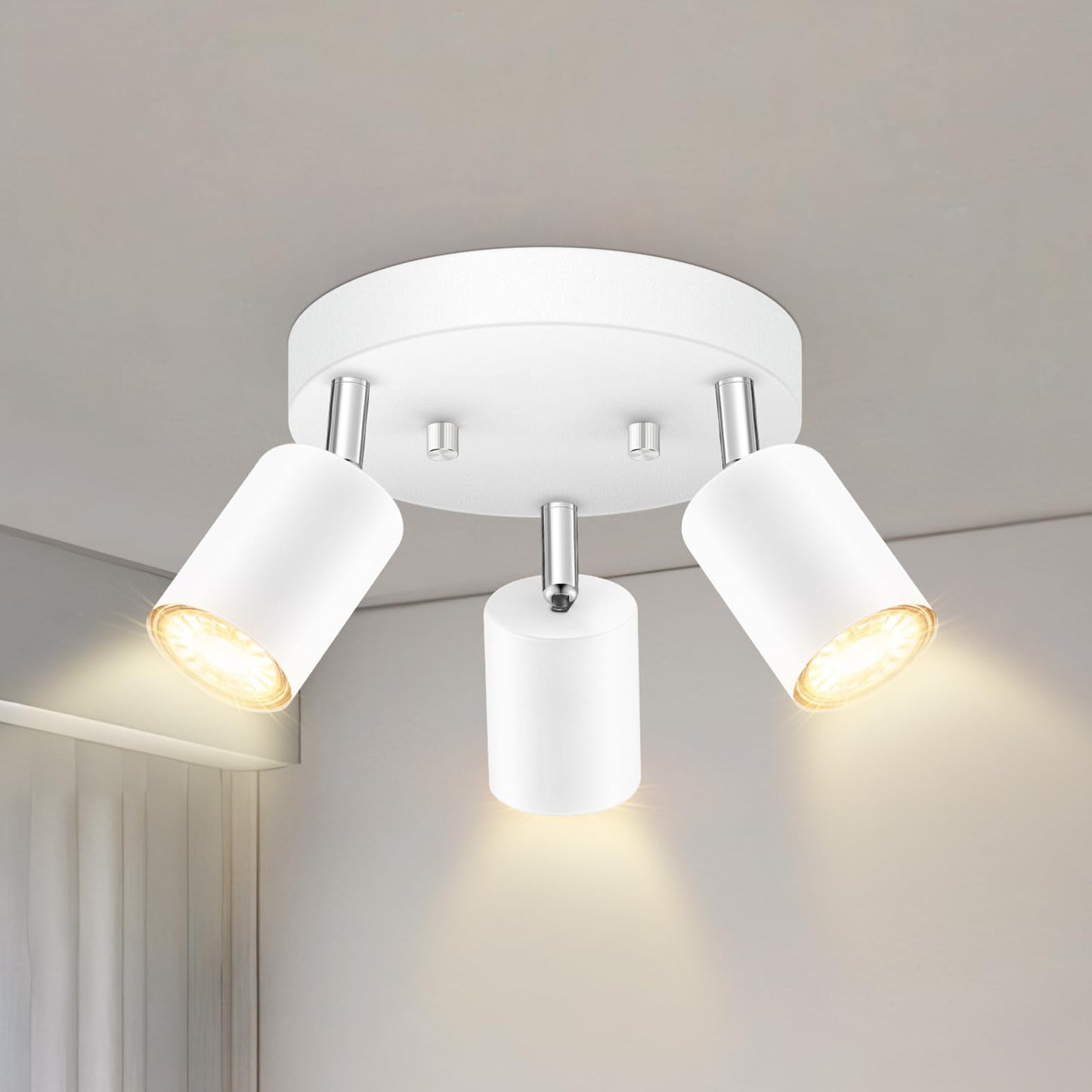 3 Light Track Lighting Fixtures Ceiling, Matte White Round Directional Ceiling Spotlight, GU10 Flush Mount Track Fixture, Adjustable Modern LED track Lights for Kitchen/Living Room, Bulb Not Included