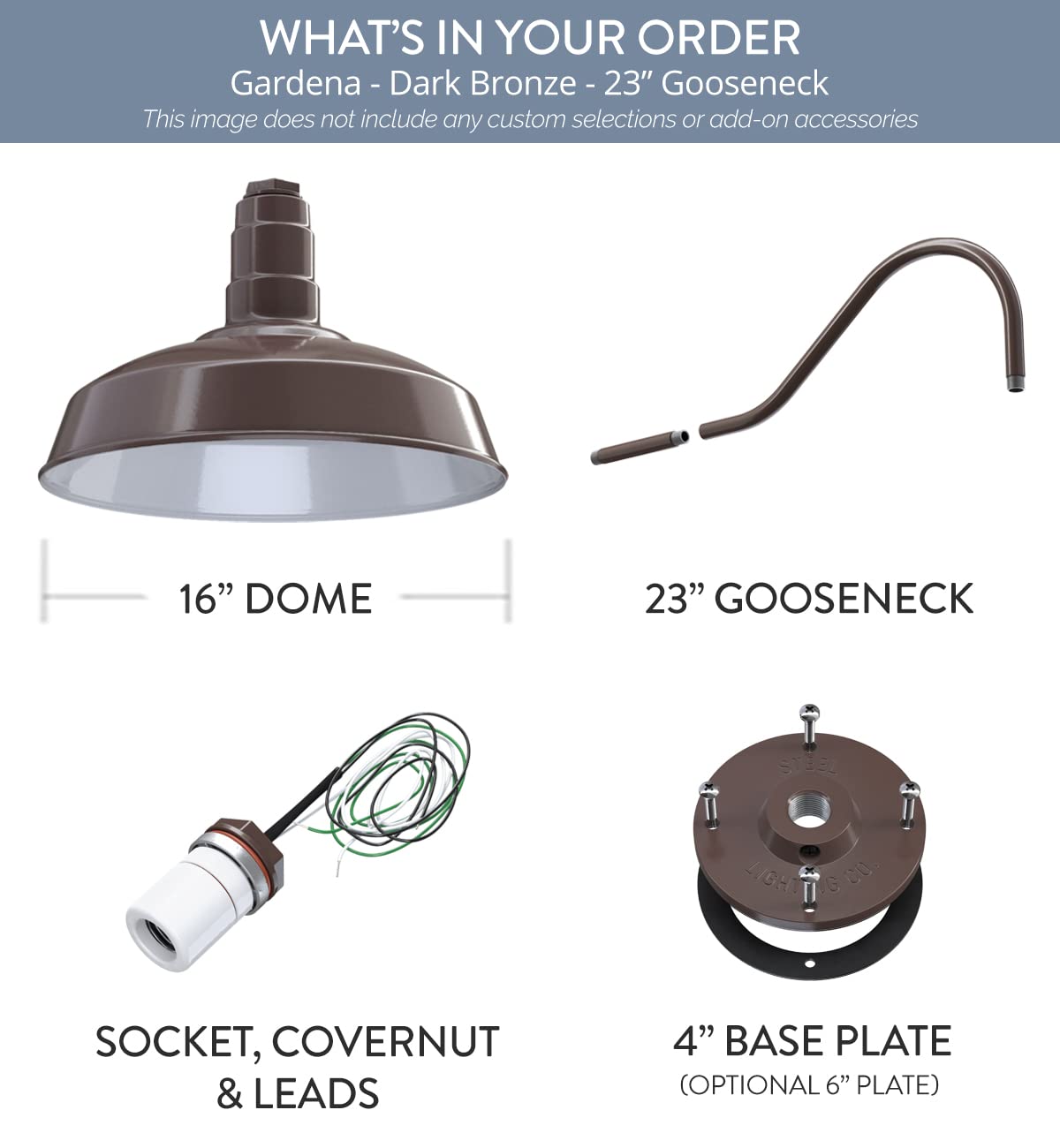 Steel Lighting Co. Gardena Barn Light – 16 Dome, 23 Gooseneck, Dark Bronze Steel, Outdoor Wall Mounted Farmhouse Light