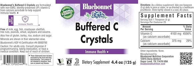 Bluebonnet Nutrition Buffered C Crystals, Buffered Vitamin C Powder, for Immune Health, for Antioxidant Protection, Soy Free, Gluten Free, Non-GMO, Kosher, Dairy Free, Vegan, Powder, 4.4 oz (125 g)