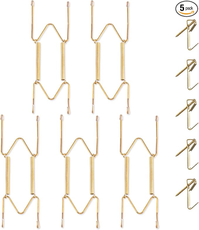 Bilillo 5 Pack Plate Hangers for The Wall, Stainless Steel Spring Wire Holders with Hooks, Fits 6''–8'' Decorative Plates, Invisible Heavy Duty Plate Wall Hangers for Display