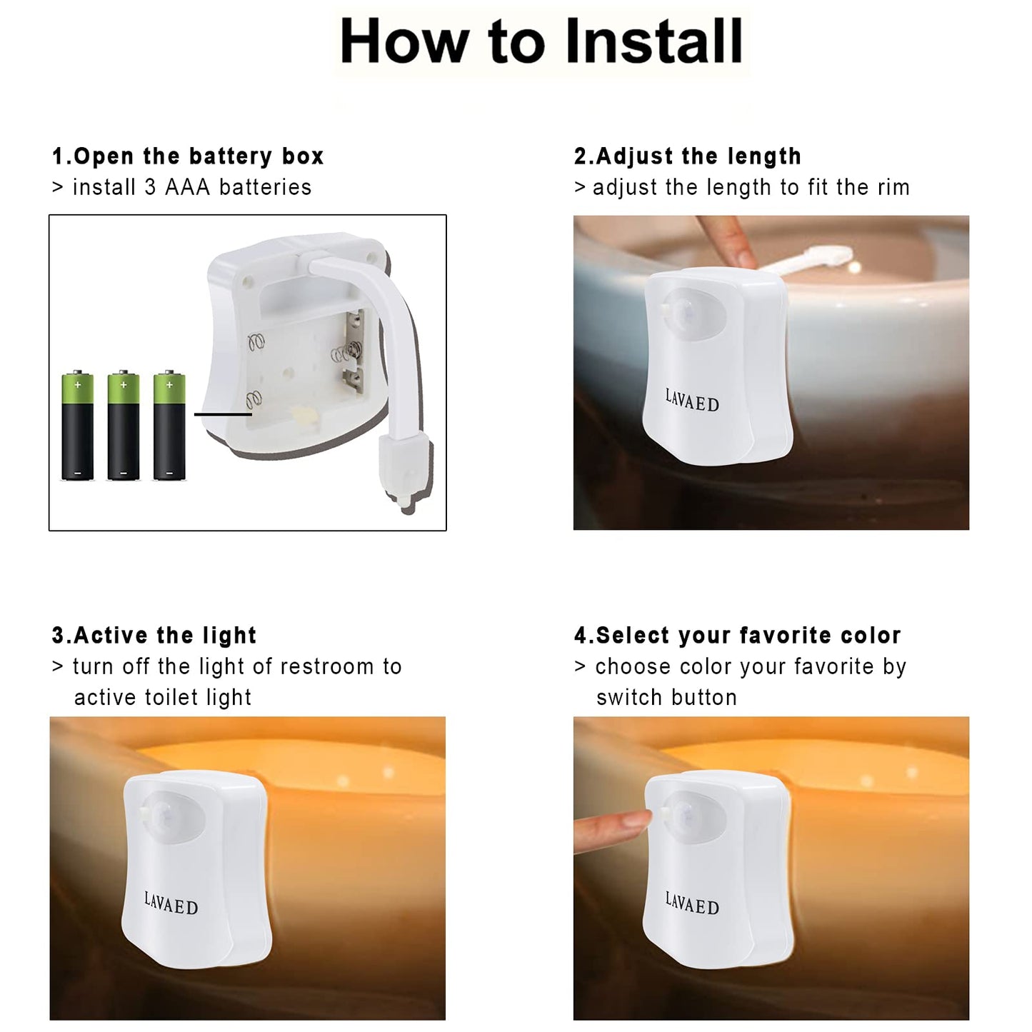 Lavaed Motion Sensor Toilet Night Light - 8-Color Changes, Plastic, 1 Pack, Model Tnl-Main