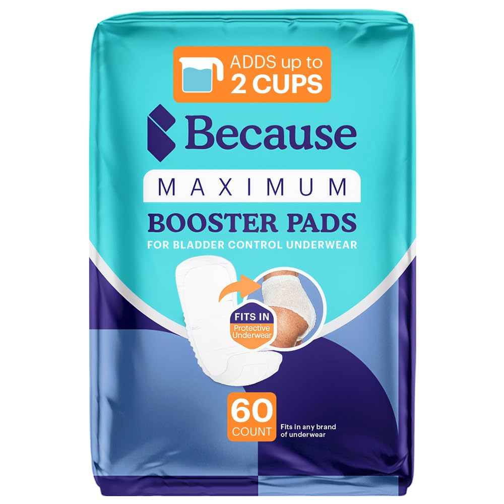 Because Maximum Incontinence Booster Pads, Adult Diaper Doubler Adds 2 Cups of Extra Absorbency, Discreet, Soft Leak Protection for Men & Women, Fits Inside Disposable Underwear, 60 Count