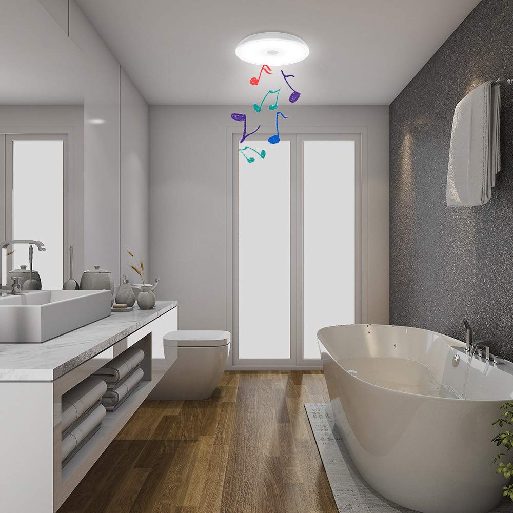 HOREVO 18W LED Bathroom Ceiling Light Fixture with Bluetooth Speaker, Waterproof IP65, Remote Control, White, Model B022