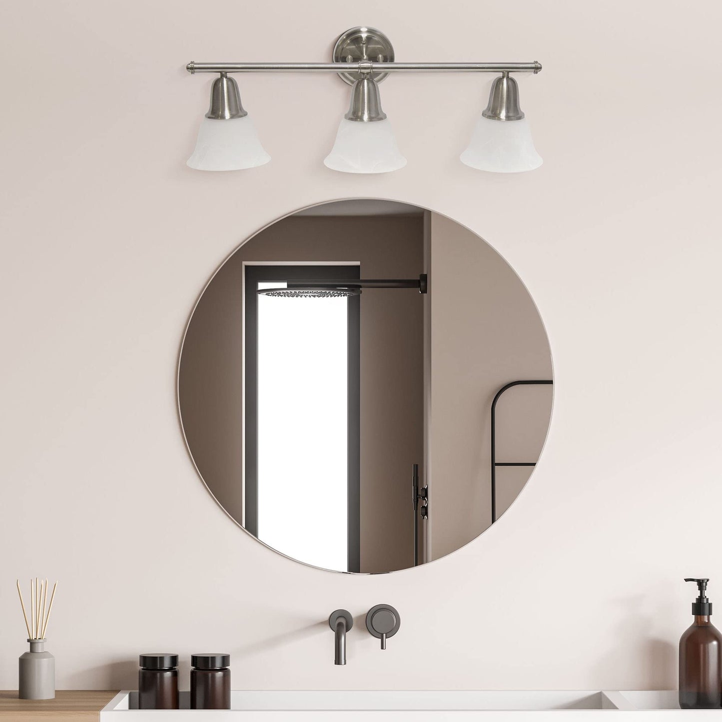 Simple Designs VT1027-BSN 26.5in 3-Light Metal Bar Vanity Fixture, Frosted Marble Glass Shades, Brushed Nickel