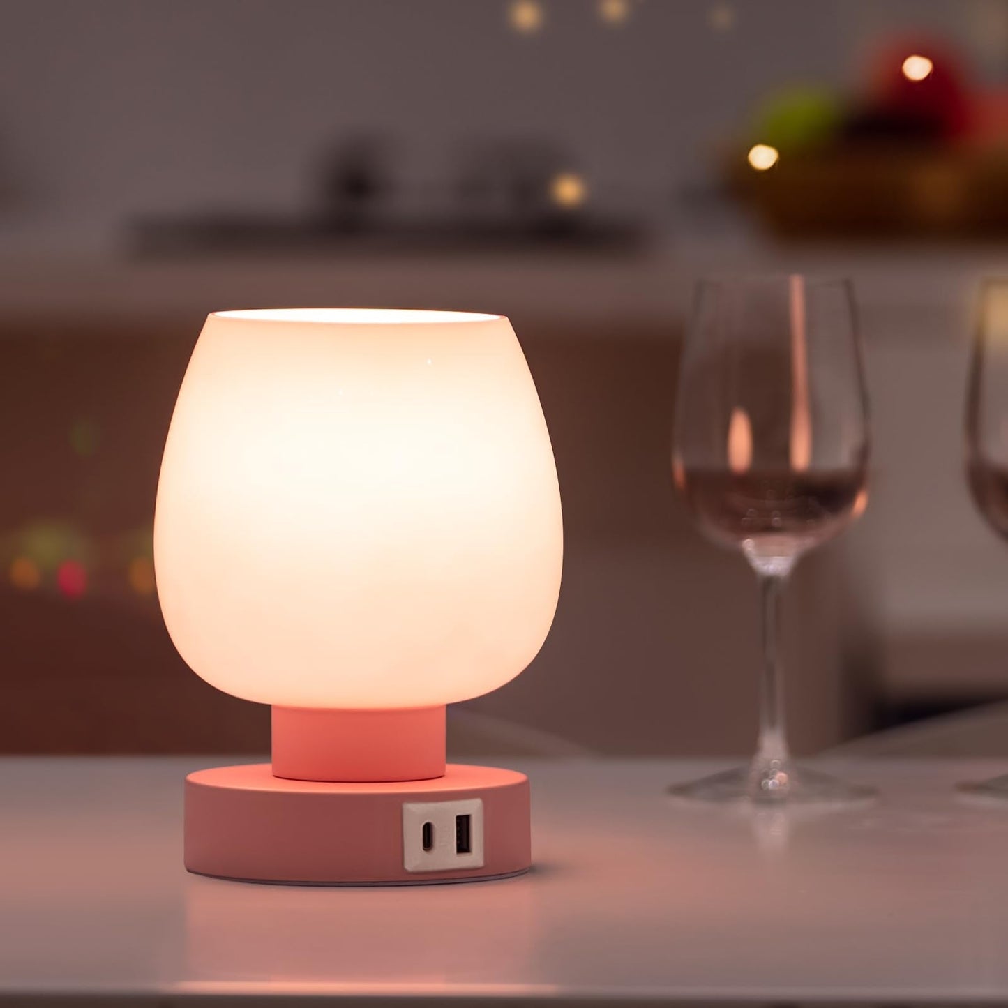 ONEWISH Touch Bedside Table Lamp - 3 Way Dimmable, Glass Shade, USB Charging, Pink, Model 13TAB052USC