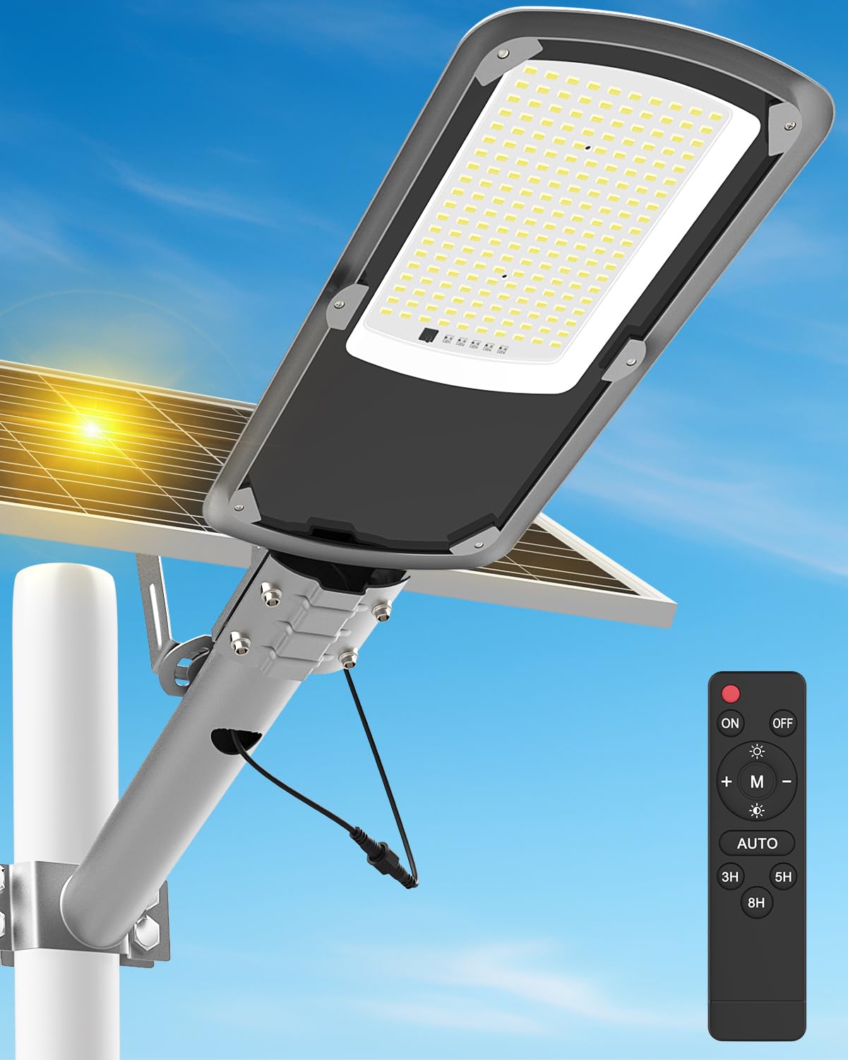 Engrepo Solar Street Light, 15-Hour Runtime, IP65 Waterproof, Remote Control, 20000mAh, Black, Model AX-YYC-200W