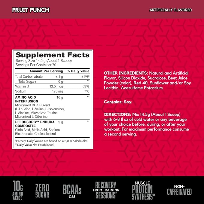BSN Amino X Muscle Recovery & Endurance Powder with BCAAs, 10 Grams of Amino Acids, Keto Friendly, Caffeine Free, Flavor: Fruit Punch, 70 servings (Packaging may vary)