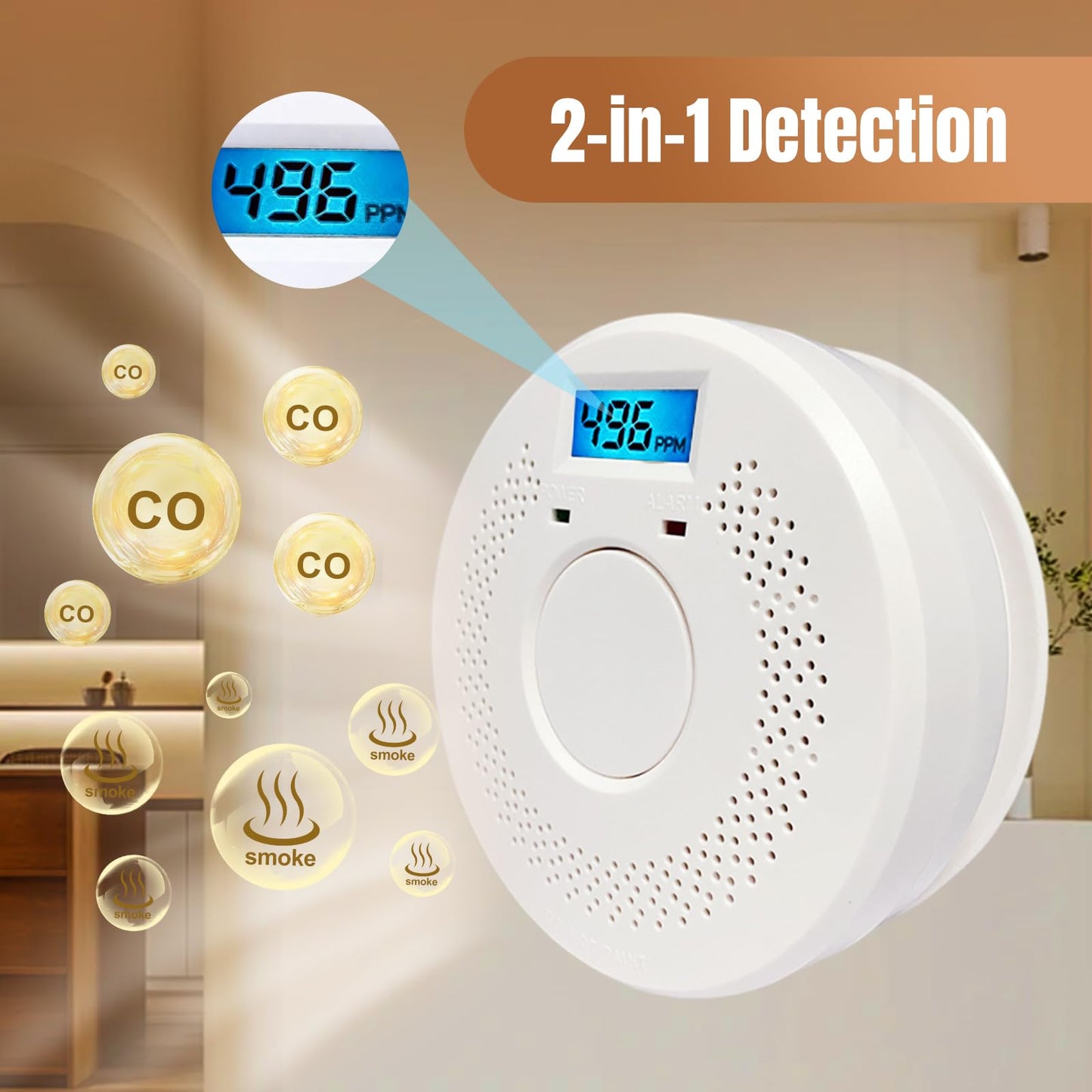 smoke detector smoke and carbon monoxide detector，smoke alarm，CO Detector smoke detector, Carbon Monoxide Alarm,5 Year Battery OperatedLCD Display and Sound Warning for Home, Bedroom, Kitchen，(3 Pack)