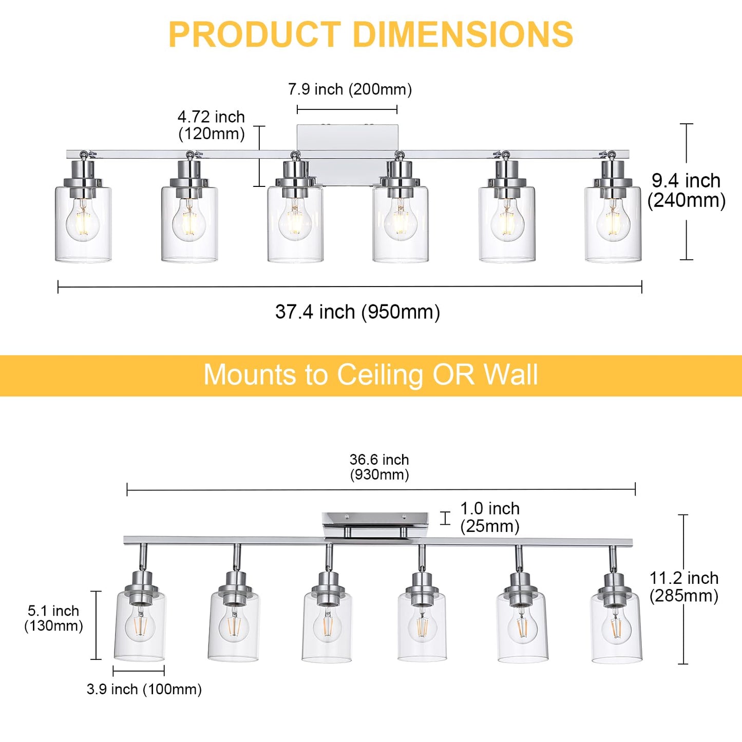 Wanluce 6-Light Track Lighting Kit Ceiling Kitchen Track Lighting Fixtures Chrome Bathroom Vanity Wall Lights With Clear Glass Multi-Directional Rotating Tracking Light Heads Spotlight For Accent Shop