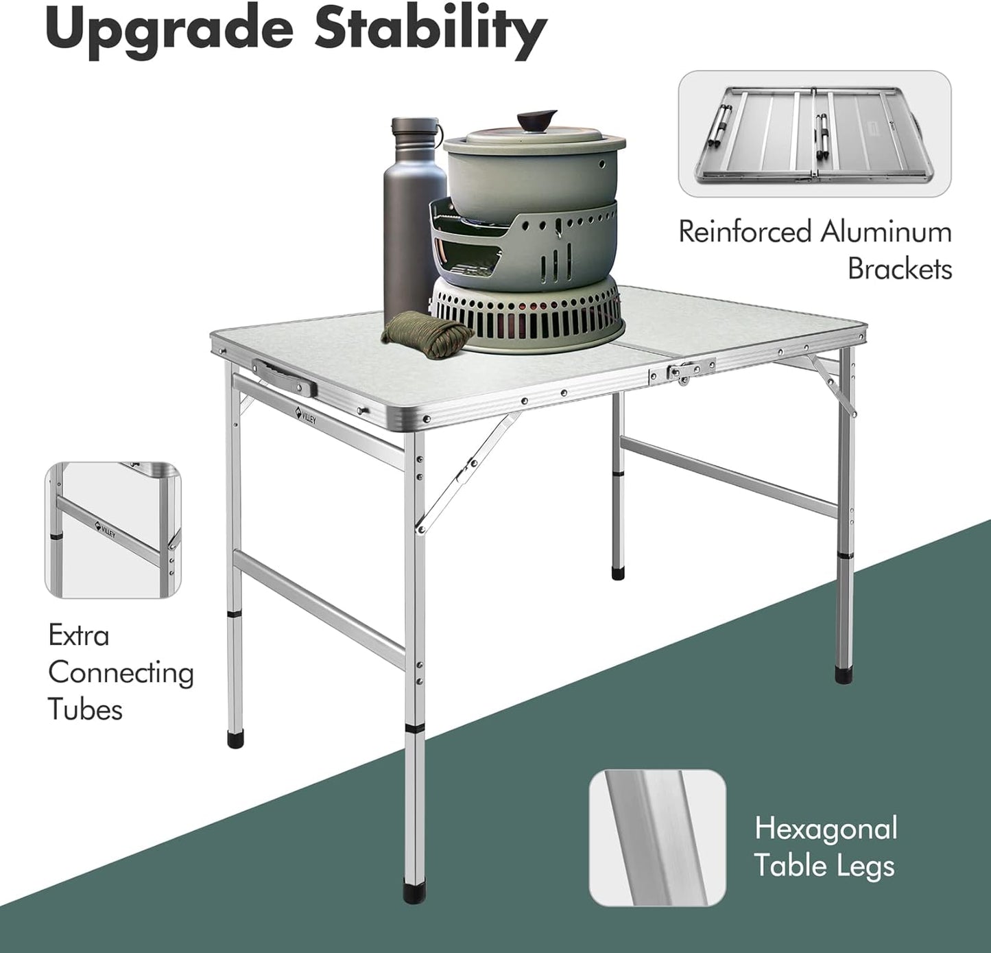 VILLEY Folding Camping Table, 3ft Small Portable Lightweight Outdoor Table with Aluminum Adjustable Legs for Travel Picnic Cooking Beach