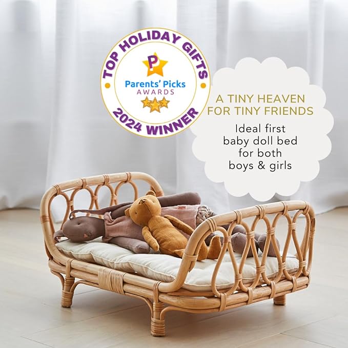 BEBE BASK Small Premium Rattan Baby Doll Bed 17 x 10 x 7,5 in –Handcrafted & Award-Winning - Perfect First Wooden Doll Bed - Luxe Mattress (Small)