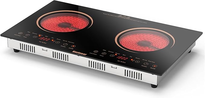 Karinear 2 Burners Electric Cooktop 24 Inch, 110v~120v Countertop and Built-in Elecric Stove Top, Portable Electric Radiant with Outlet Plug, Sensor Touch, Child Safety Lock, Timer(Gold)