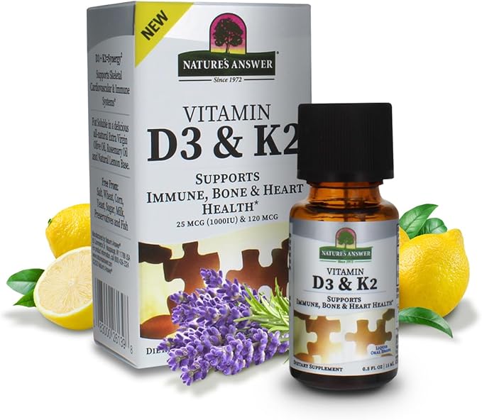 Nature's Answer Vitamin D3 and K2 Liquid Extract Oral Drops Two in one Support Supports Immune, Bone and Heart Health 0.5 fl oz - 15 ml