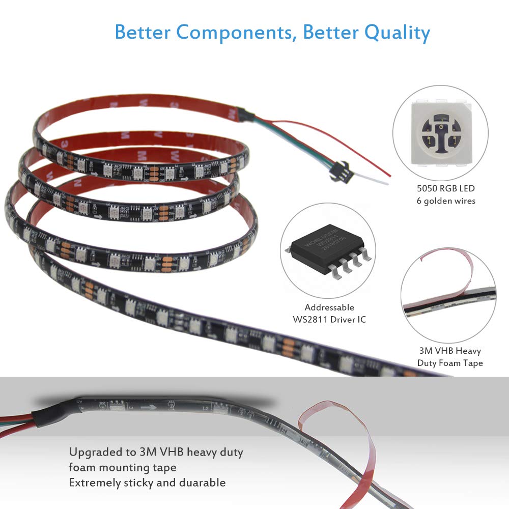 ALITOVE RGB LED Strip Lights WS2811, 16.4ft, 300 LEDs, Waterproof IP65, Black FPCB, Model AL2811BK300IP65