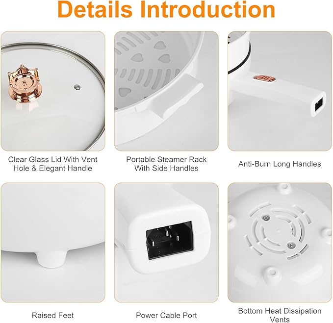 Electric Hot Pot Portable Travel Cooker Non-Stick Frying Pan with Steamer Long Handle Dual Power Control for Travel Dorm Home RV