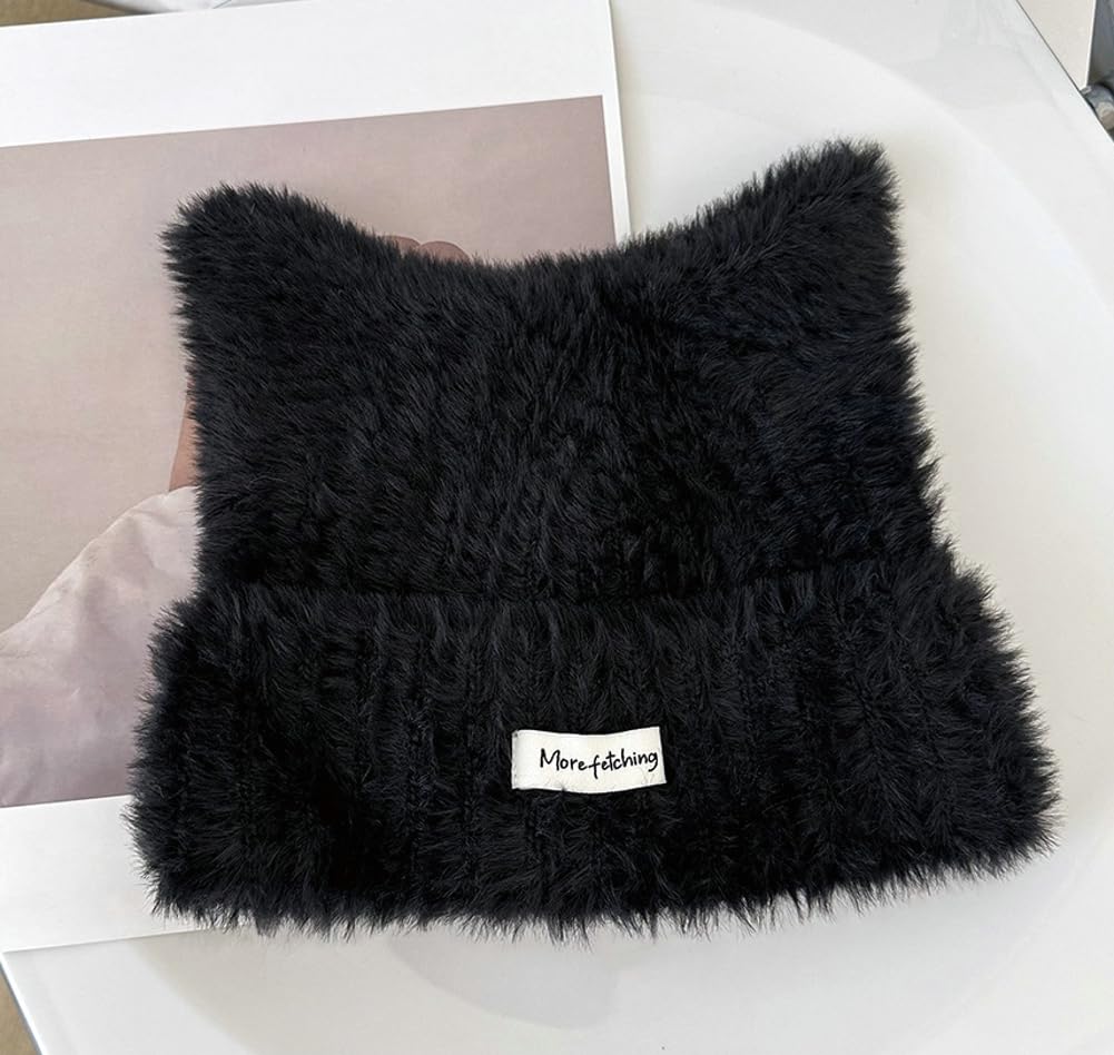 Women Winter Y2K Cute Cat Ears Hats Slouchy Plush Knitted Beanie Snow Ski Hat Fuzzy Warm Crochet Skull Cap 2025