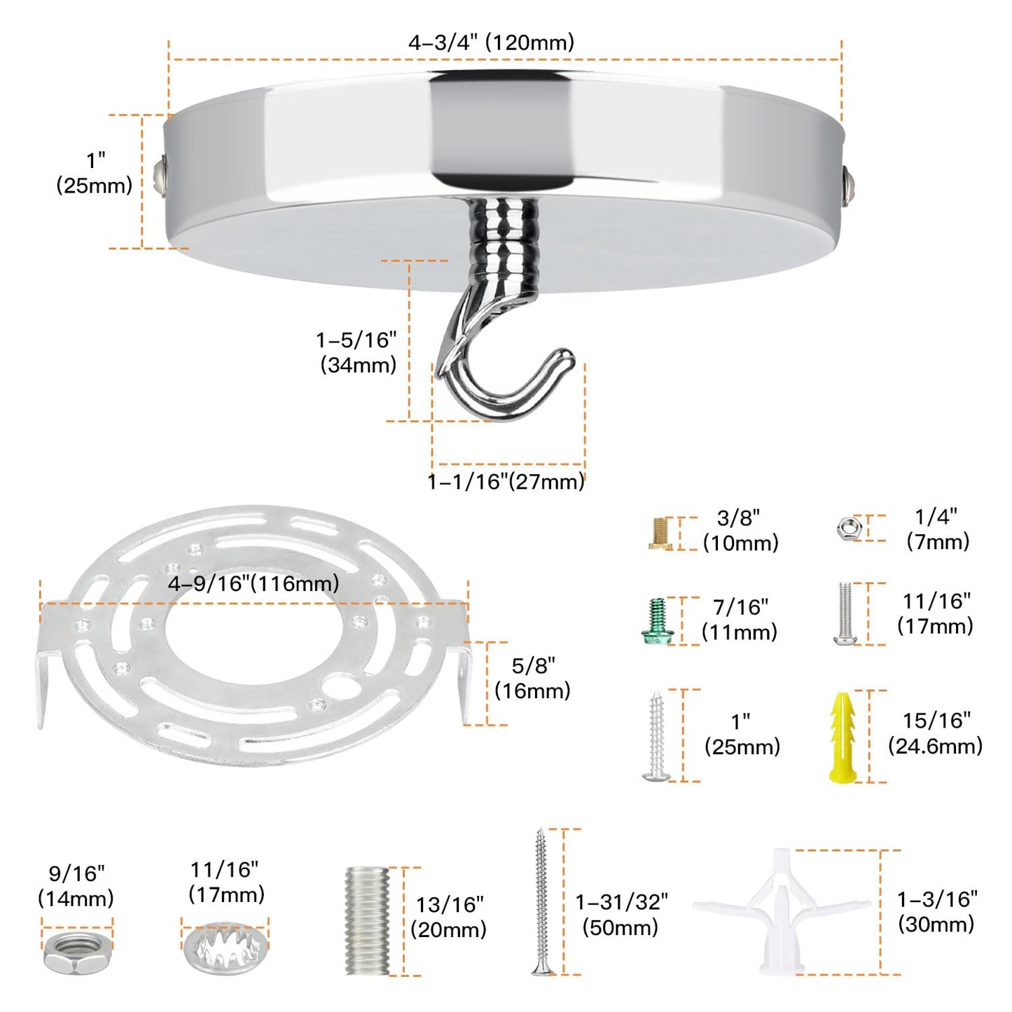 Helunsi Ceiling Canopy Kit - 4-3/4 Aluminum Pendant Light Cover Plate, Silver, Rated 20Lb, Model As-001, Pack Of 1