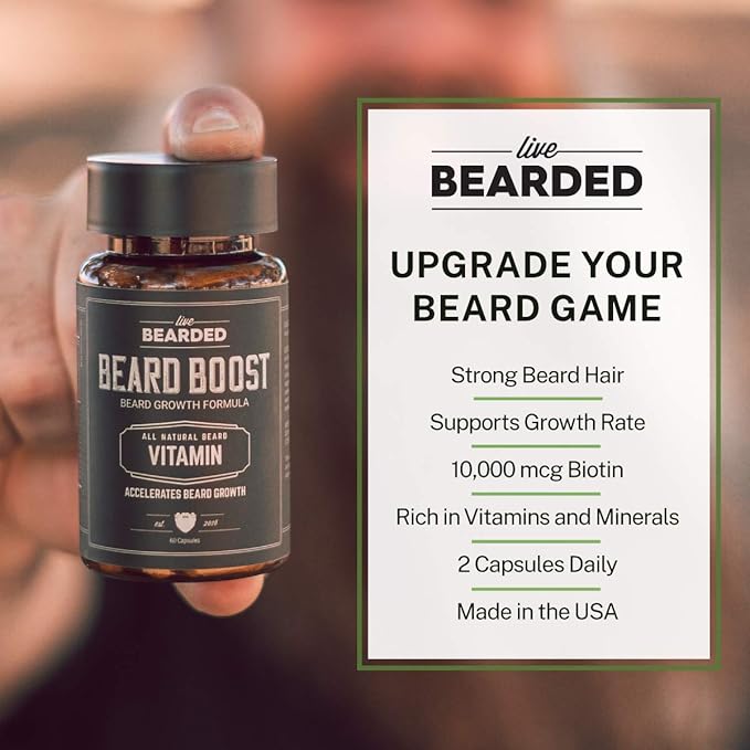 Live Bearded Beard Boost - Hair Growth Multivitamins with Biotin 10,000mcg, Vitamins C, E and Zinc - Thick, Strong, Full Grow Support - Made in The USA | 30-Day Supply