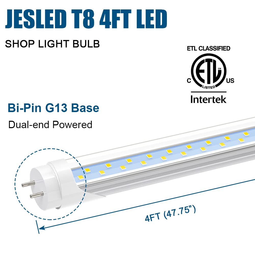 JESLED T8 LED Light Bulbs, 24W, 3000LM, 6000K Bright White, 4FT, Aluminum+PC, Dual-Ended, 4-Pack