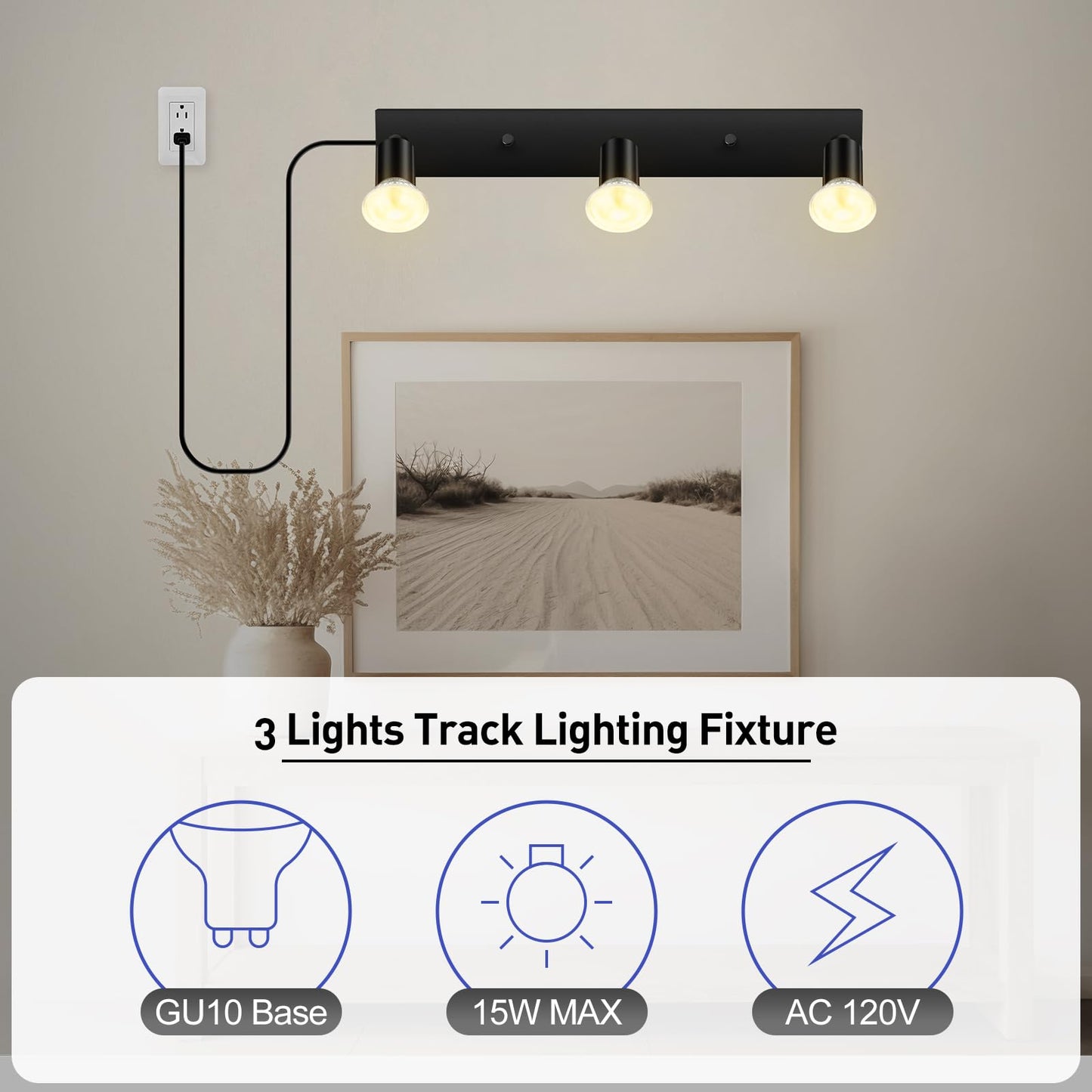 Plug In Track Lighting  16 Led Track Light Fixtures Ceiling  Black 3 Way Gu10 Wall Spotlight  Rotatable Track Head  Plug In Ceiling Light Kitchen Hallway Living Room 15 Foot Power Cord(No Bulb)